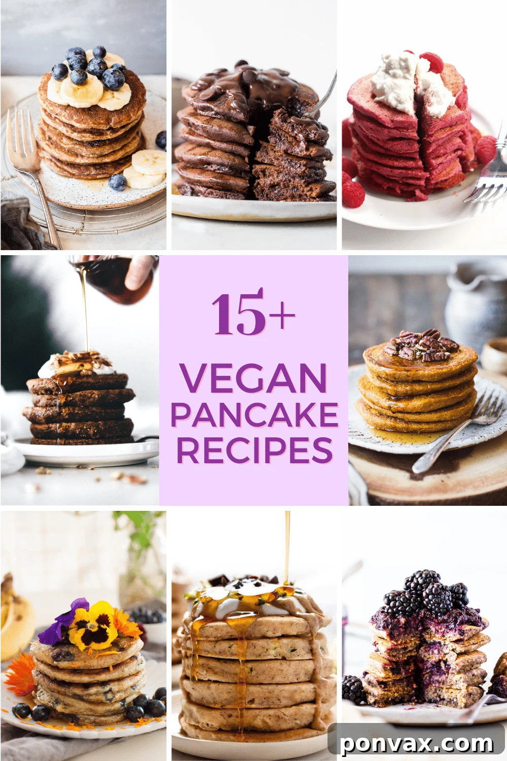 A vibrant stack of fluffy vegan pancakes topped with fresh berries and maple syrup, showcasing the deliciousness of plant-based breakfast.