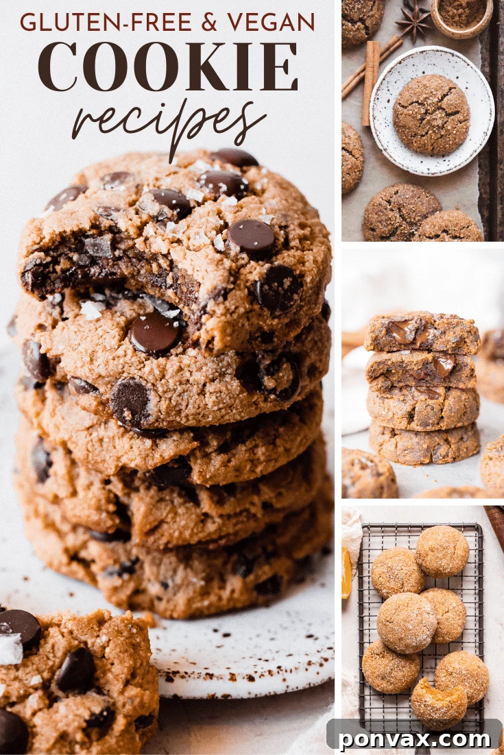 Epic Gluten-Free Cookie Collection 2 A collage of delicious gluten-free and vegan cookie recipes, including chocolate chip cookies, chai spice cookies, pumpkin chocolate chip cookies, and lemon cookies.