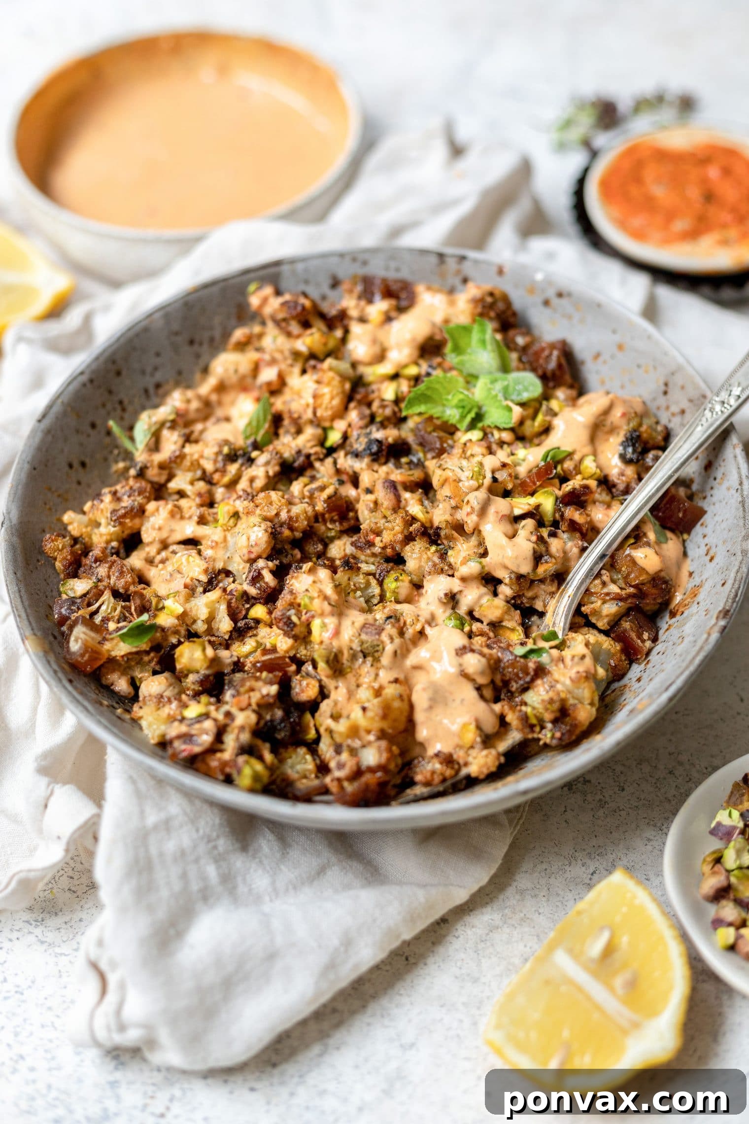 Golden Charred Cauliflower with Zesty Tahini Drizzle 6 Pottery bowl of Charred Cauliflower, shot at a diagonal angle. The cauliflower is drizzled with a pink tahini harissa sauce and topped with sprigs of fresh mint. A spoon is in the bowl on the right side. Bowl of dressing visible on the top left corner of image.