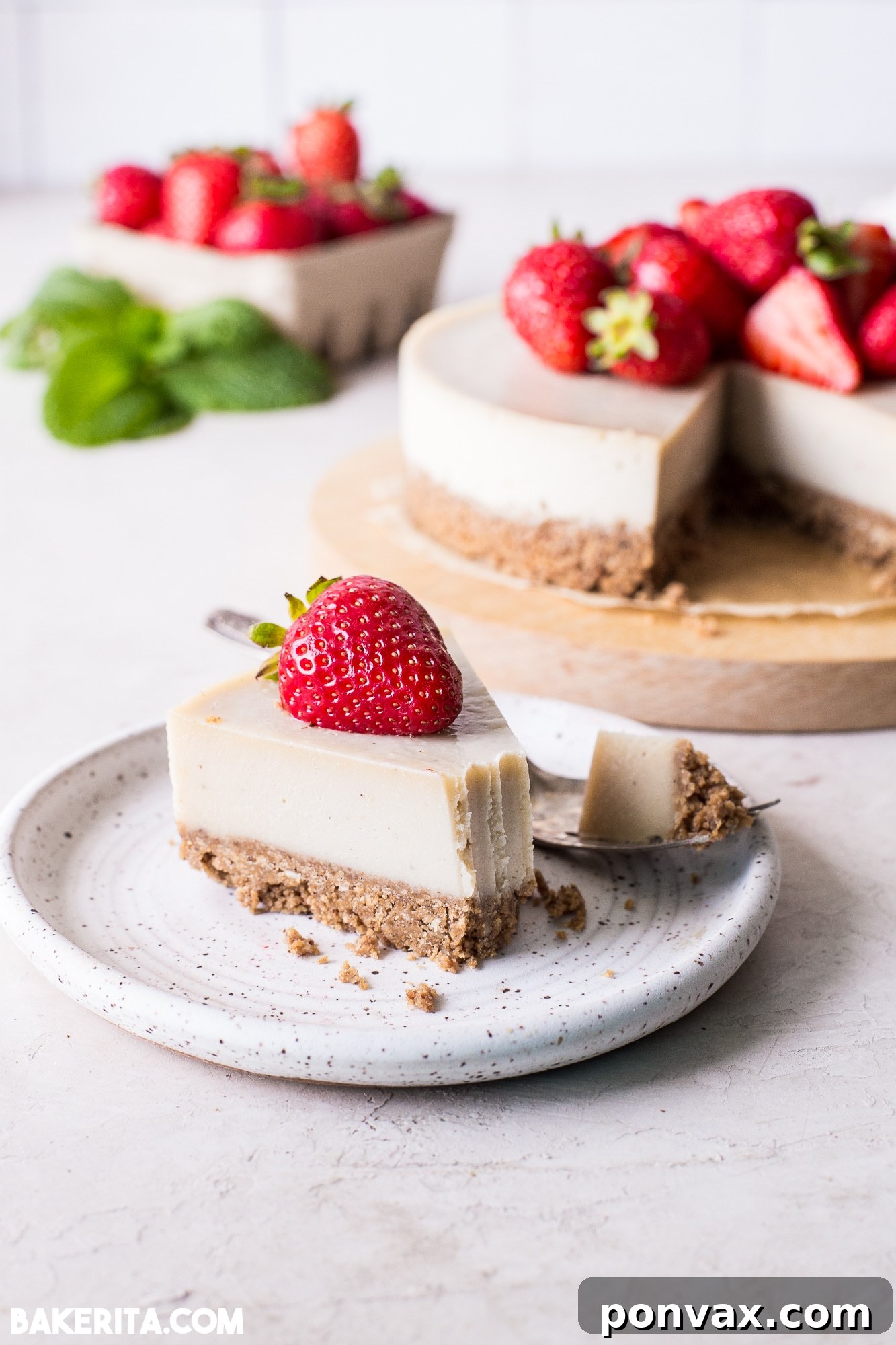 Close-up of the creamy filling of the No-Bake Vegan Nut Butter Cheesecake
