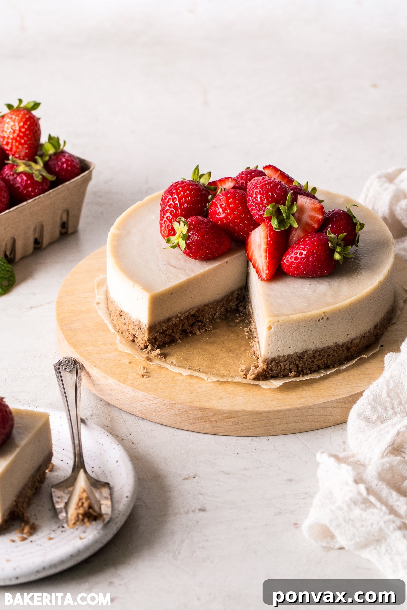 Overhead view of a No-Bake Vegan Nut Butter Cheesecake with fruit and chocolate drizzle