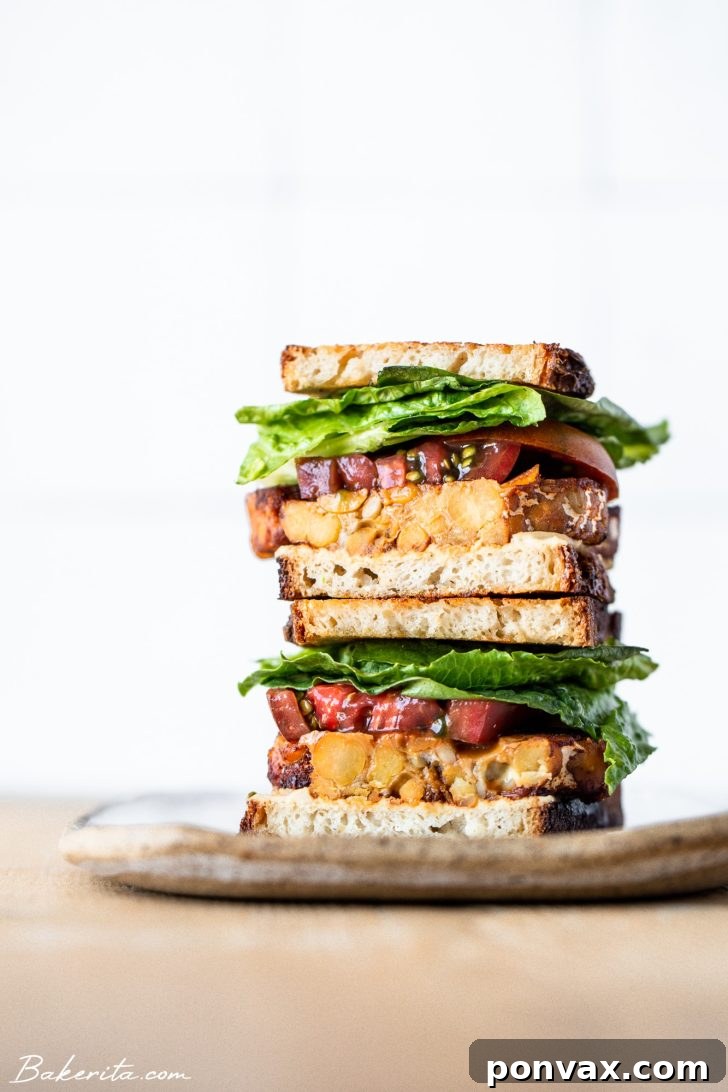 Vegan Tempeh BLT sandwich with avocado on toasted bread