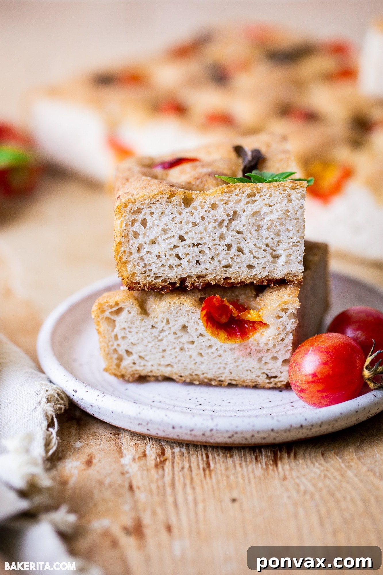 A slice of gluten-free sourdough focaccia, revealing its airy interior and delicate crumb.