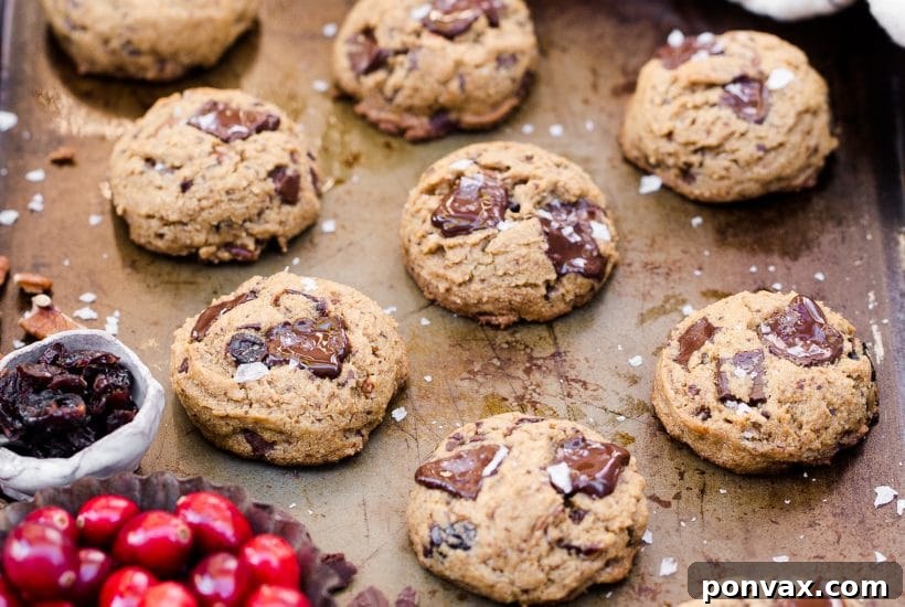 25+ Delicious Vegan Cookie Recipes 11 Three golden-brown cranberry pecan chocolate chip cookies with visible cranberries, pecans, and melted chocolate, stacked on a white plate with loose ingredients.
