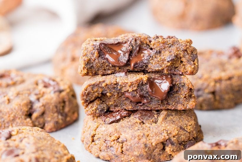 25+ Delicious Vegan Cookie Recipes 13 A small pile of soft chocolate chip pumpkin cookies on a white plate, with pumpkin puree and spices scattered around.