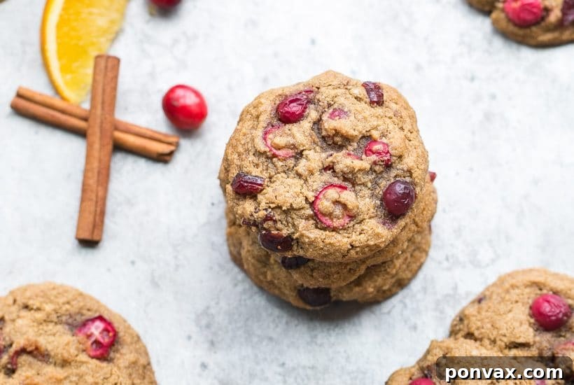 25+ Delicious Vegan Cookie Recipes 21 A stack of golden-brown cranberry orange cookies with visible orange zest and dried cranberries, on a festive white and red cloth.
