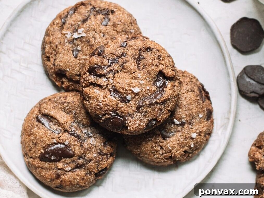 25+ Delicious Vegan Cookie Recipes 31 A stack of golden-brown chocolate chip cookies with a subtle crackled surface, hinting at a unique flavor profile, on a light background.