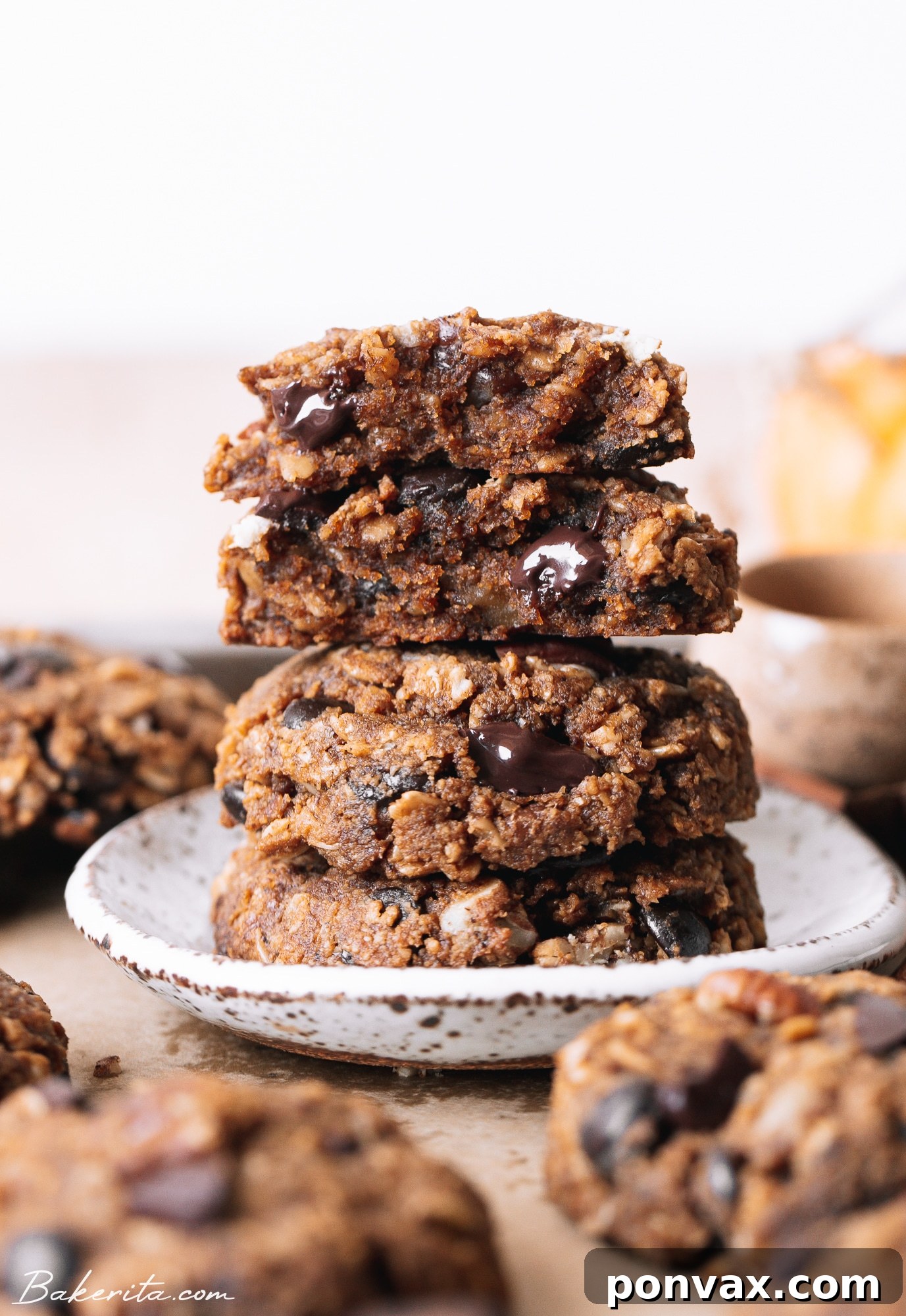 Plant-Based Pumpkin Spice Oat Delights 5 A delicious pumpkin oatmeal cookie on a cooling rack, garnished with extra chocolate chips and pecans, ready to be enjoyed.