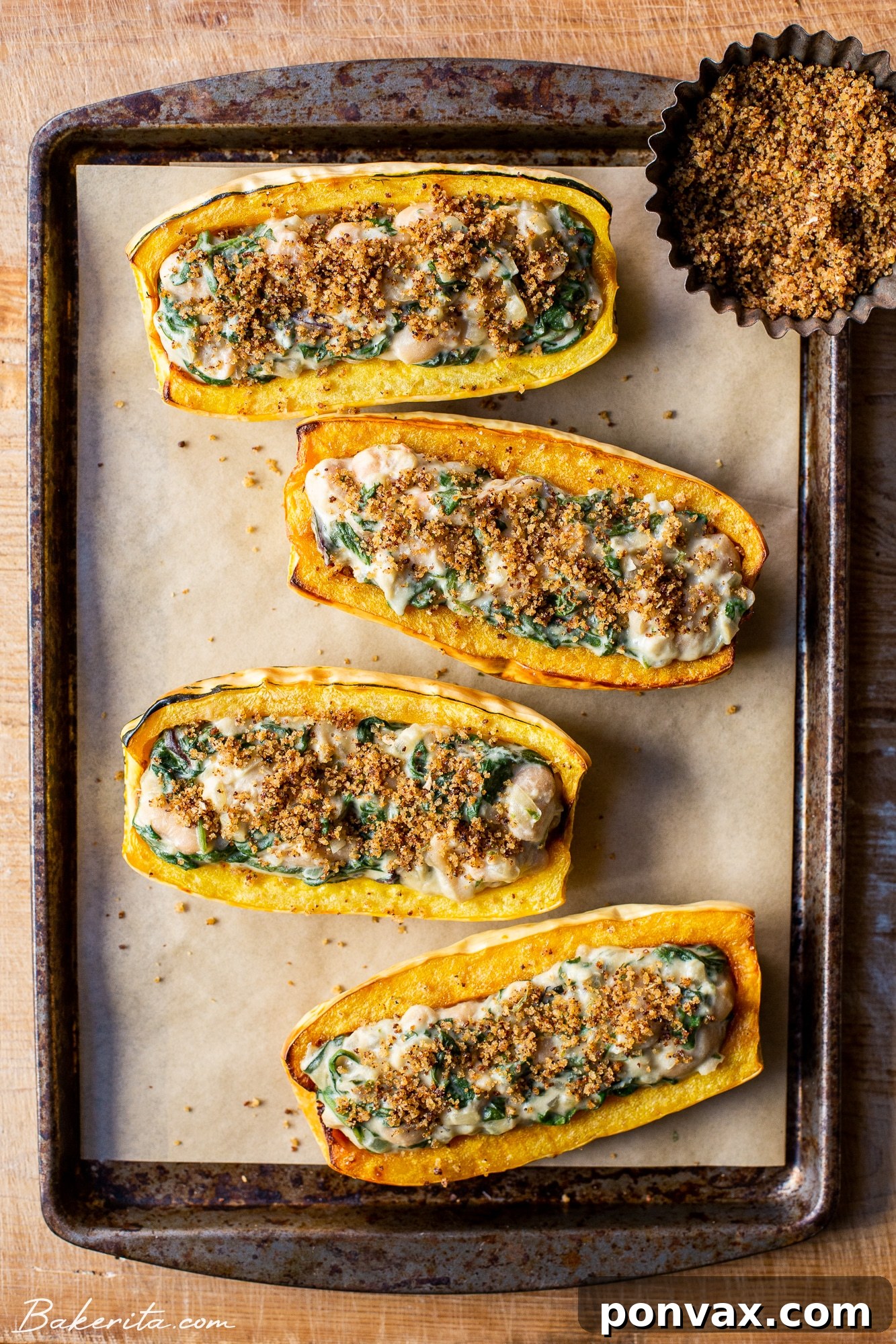 A close-up shot of the creamy spinach and white bean filling, showing its rich texture and vibrant greens.