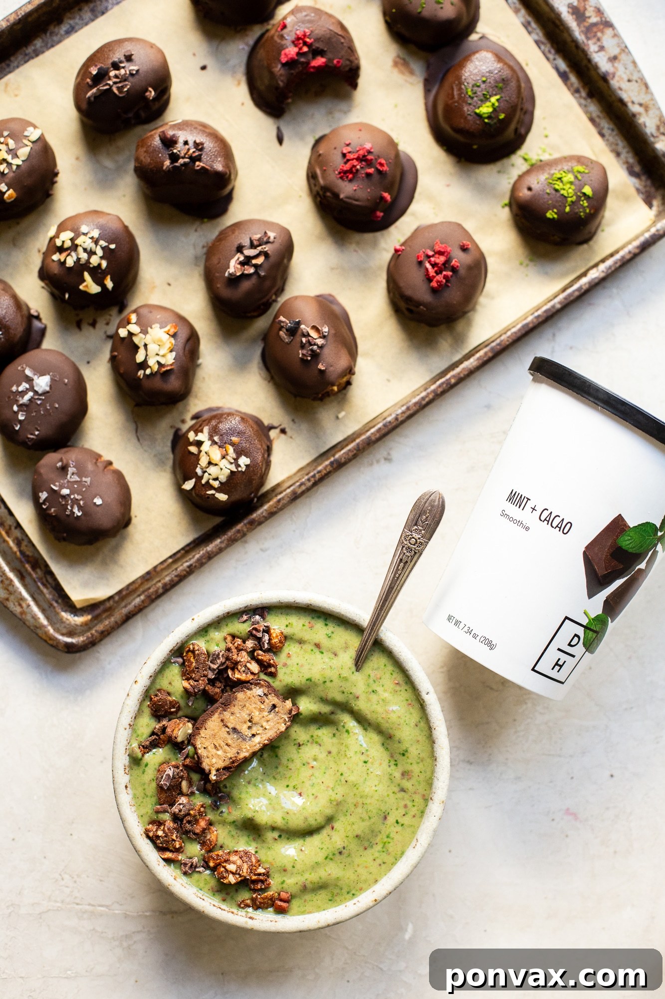 A vibrant Daily Harvest smoothie, blended and poured into a glass, showcasing fresh fruits and vegetables as ingredients.