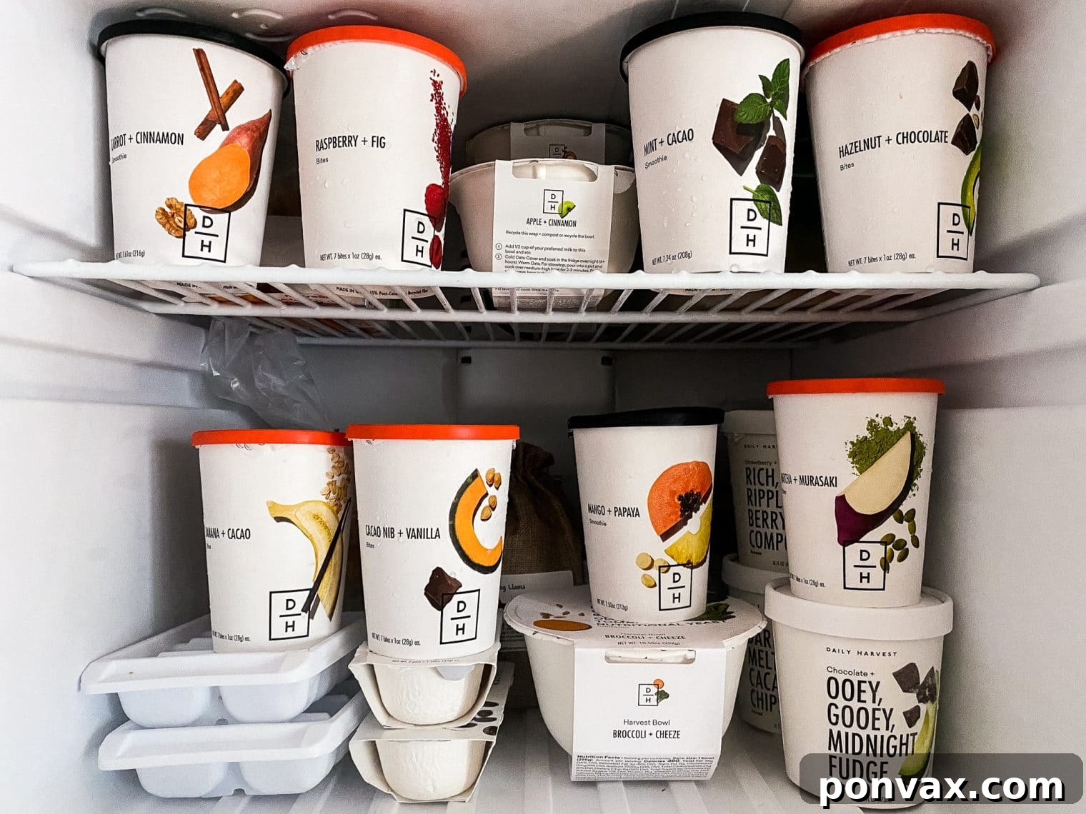 An assortment of Daily Harvest products, including smoothies, bowls, and bites, arranged on a rustic wooden surface, highlighting their organic appeal.