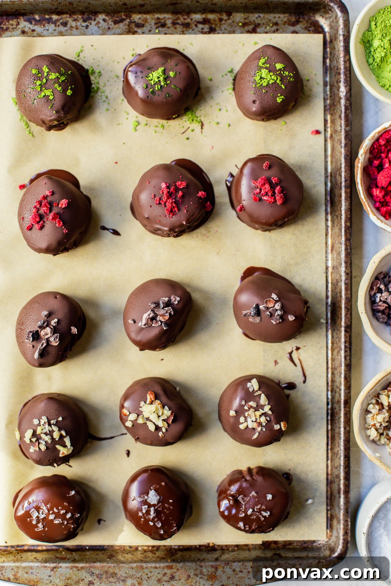 An array of chocolate-covered Daily Harvest bites, each with different toppings, arranged beautifully for a tempting display.
