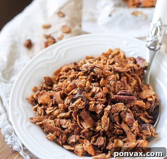 Crunchy Creations: Over 20 Homemade Granola Recipes 18 Banana Coconut Granola offers warm, tropical flavors and plenty of crunch from coconut flakes and pecans. Enjoy it as a snack or mixed into yogurt for breakfast.