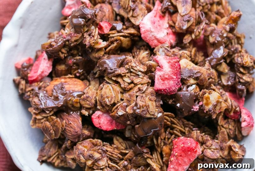 Crunchy Creations: Over 20 Homemade Granola Recipes 8 Chocolate Strawberry Granola: healthy enough for breakfast, decadent enough for dessert. A simple, gluten-free, vegan, and refined sugar-free recipe bursting with chocolate and strawberry flavors.