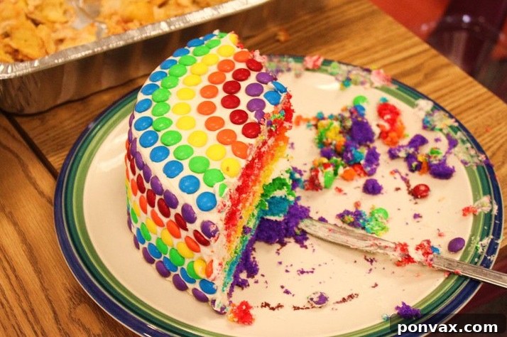 Rainbow cake decorated with M&Ms A six-layer rainbow cake, beautifully decorated with colorful M&Ms covering its exterior, making for a fun and festive dessert.