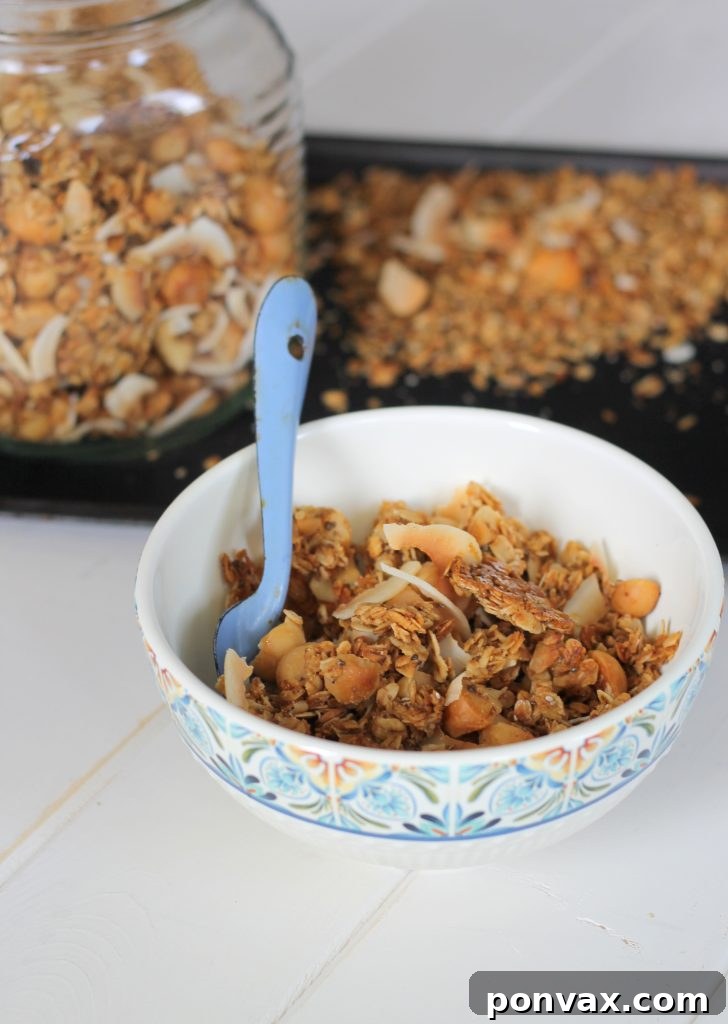 Paradise Coconut Macadamia Granola 3 Enjoy a tropical escape with this homemade Coconut Macadamia Nut Granola, featuring wholesome ingredients and perfect for a healthy start to your day. This easy recipe is gluten-free, vegan, and free from refined sugars.