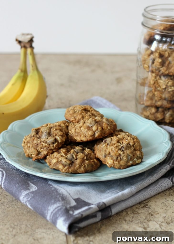 Irresistibly moist Banana Oatmeal Chocolate Chip Cookies, made without butter, packed with flavor and healthy oats.