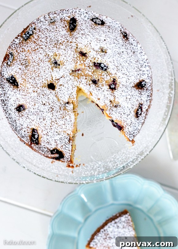 Close-up of Blackberry Cornmeal Cake showing the beautiful texture, soft crumb, and juicy blackberries peeking through.