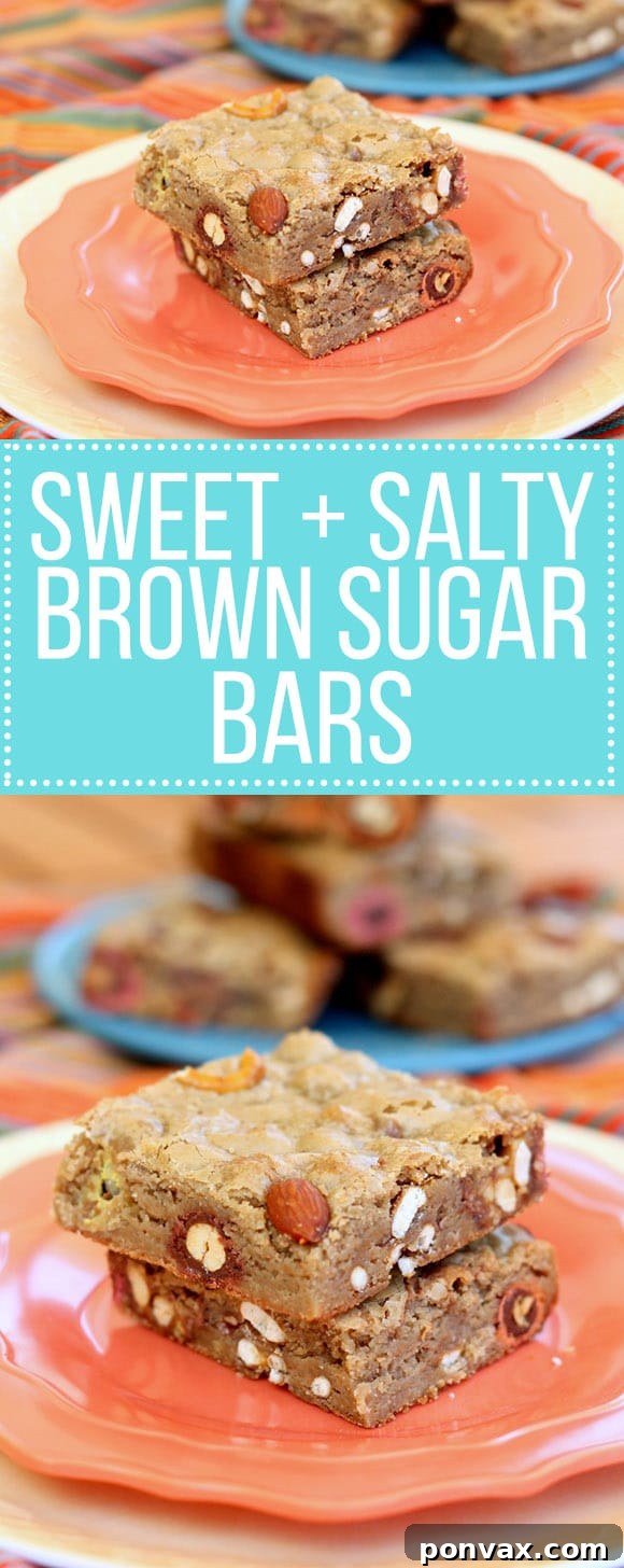 Golden Sweet & Salty Brown Sugar Delights 5 These chewy Sweet & Salty Brown Sugar Bars are full of sweet and salty treats that are perfect for dessert! These are packed with pretzels, almonds, M&Ms, Rolos, and Snickers.