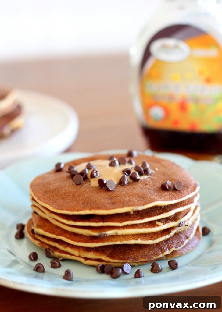 A close-up shot of the blended pancake batter with chocolate chips, ready to be cooked.
