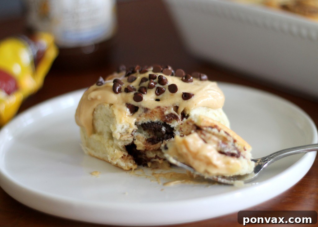 Close-up of baked Chocolate Peanut Butter Sweet Rolls before frosting, showing the rich chocolate and peanut butter swirl.
