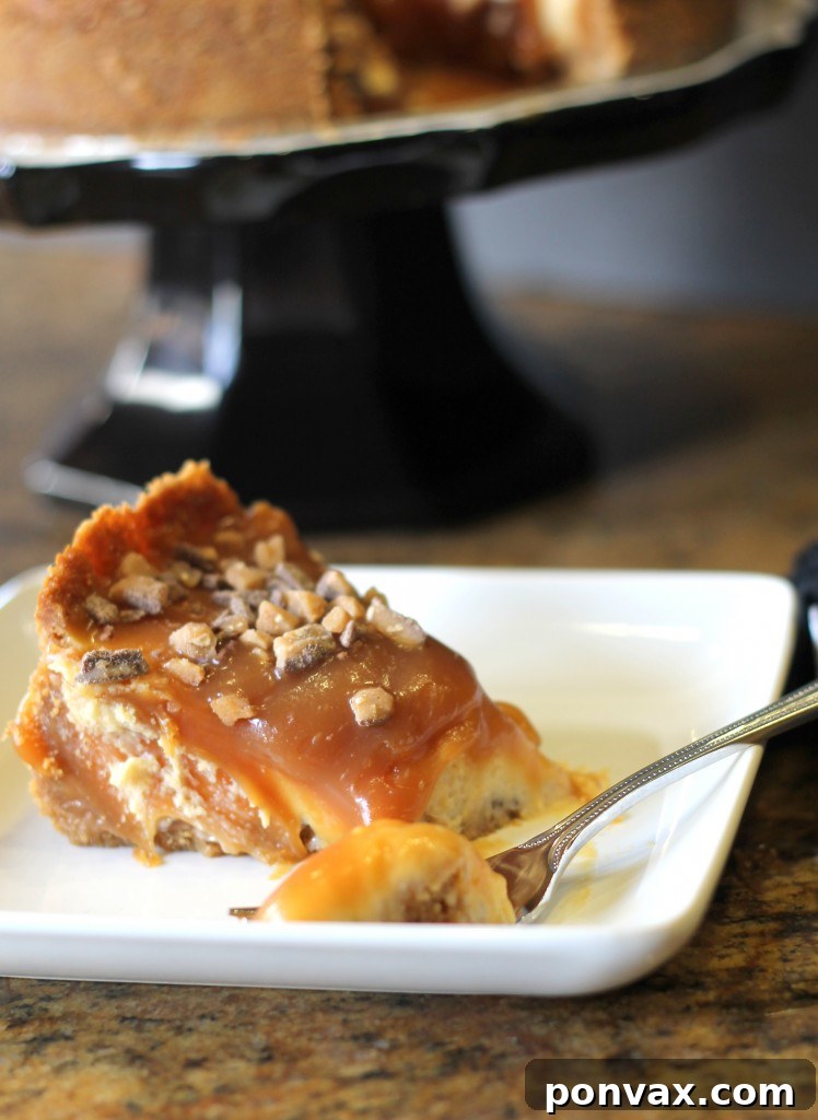A decadent Toffee Caramel Cheesecake with a golden graham cracker crust, a creamy caramel swirled filling, topped generously with more caramel drizzle and crunchy toffee bits. Perfect for any celebration.