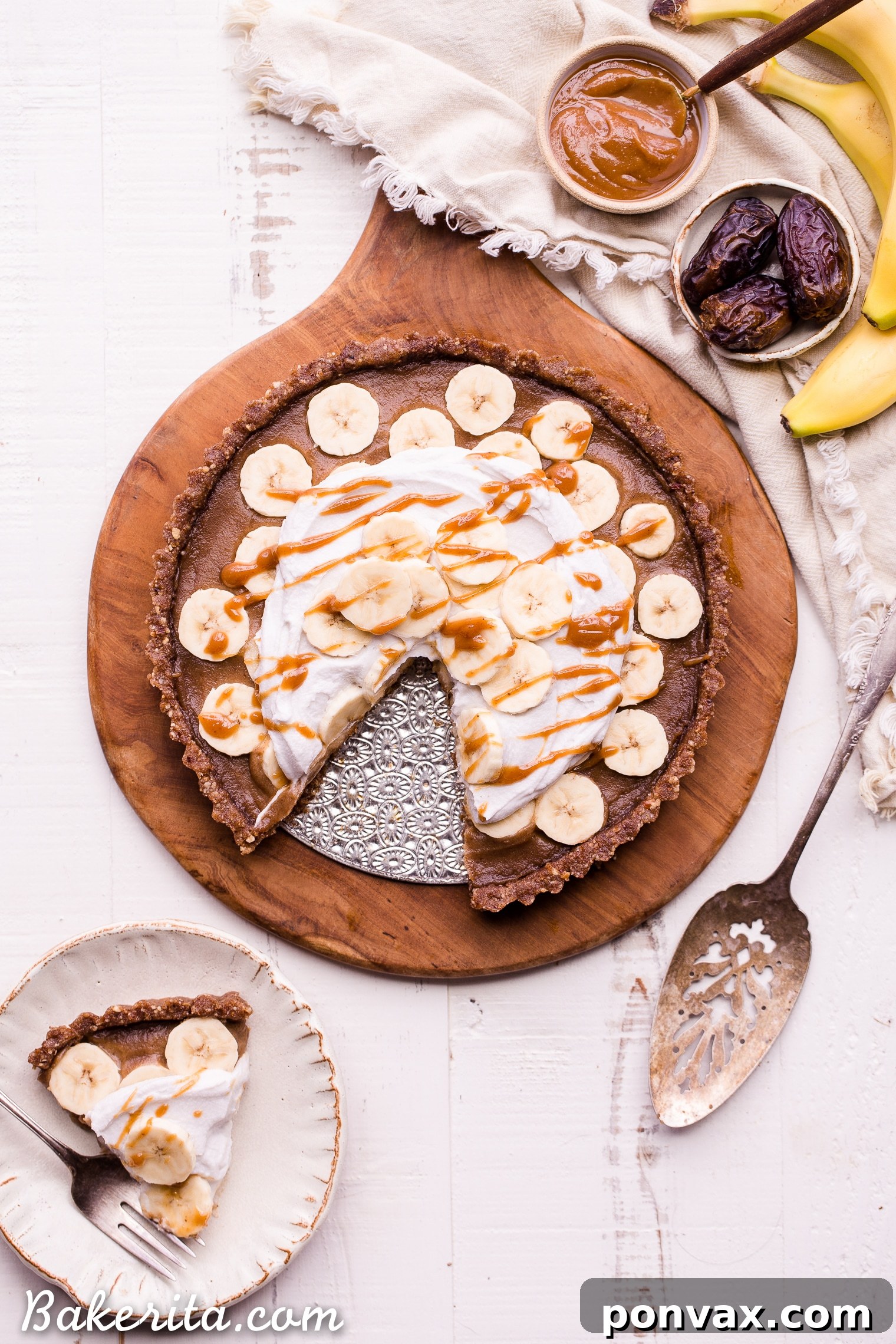 This No Bake Banana Caramel Tart is similar to a classic Banoffee pie, but there's no baking necessary and it's sweetened entirely with dates! This healthy twist on a classic is sweet and scrumptious with a date caramel filling and coconut whipped cream on top. It's gluten-free, paleo, and vegan.