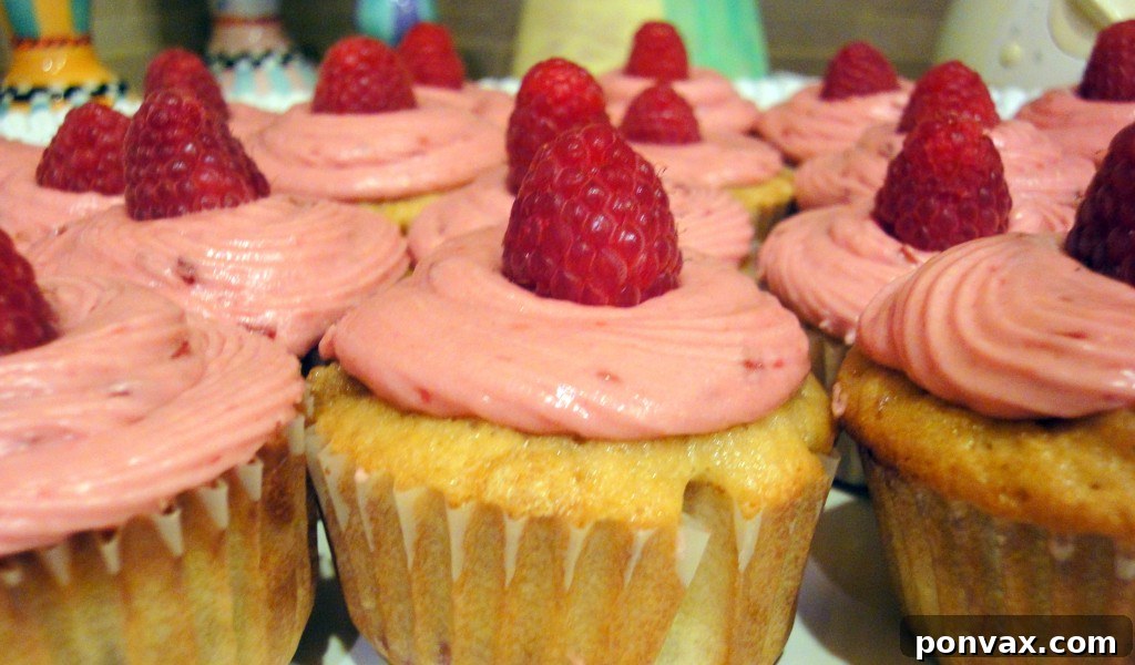 Indulgent White Chocolate Raspberry Cupcakes, beautifully frosted and garnished with fresh raspberries, promising a delightful treat for any occasion.