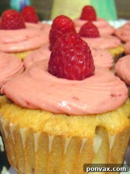 A beautifully presented White Chocolate Raspberry Cupcake, topped with a generous swirl of pink raspberry buttercream and fresh raspberries.