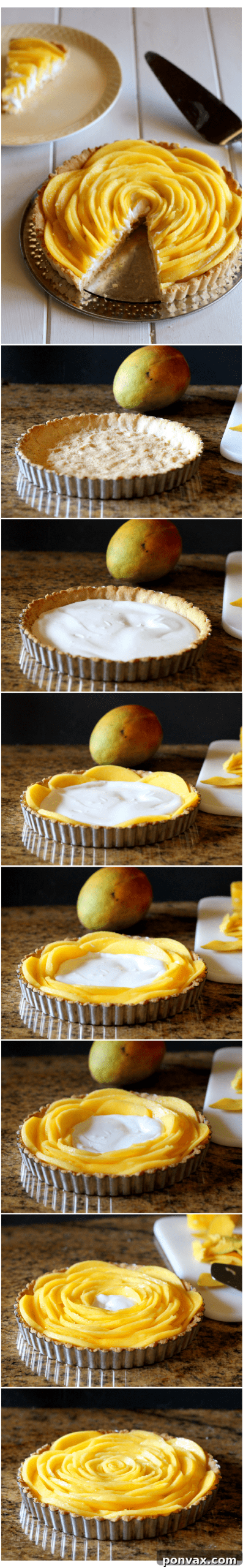 Detailed step-by-step guide on how to arrange mango slices to form a beautiful mango flower on a tart