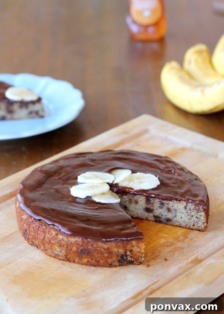 Paleo Banana Bliss Cake with Chocolate Ganache 2 A beautifully presented single layer Paleo Banana Cake topped with a glossy chocolate ganache, garnished with sliced banana. This gluten-free, refined sugar-free, and healthy dessert is perfect for any time of day, including breakfast.