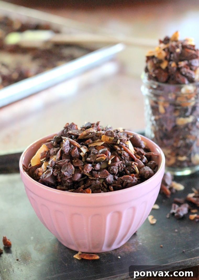 Paleo Chocolate Coconut Delight Granola 2 Delicious and crunchy Chocolate Coconut Paleo Granola served in a bowl, perfect for a gluten-free and vegan breakfast or snack.