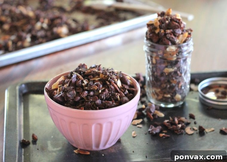 Paleo Chocolate Coconut Delight Granola 4 A bowl of Chocolate Coconut Paleo Granola, ready to be enjoyed as a healthy breakfast or snack.