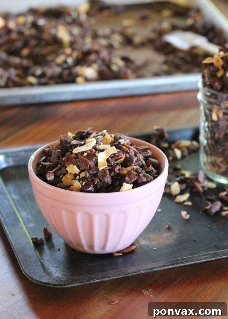 Paleo Chocolate Coconut Delight Granola 5 Overhead shot of Chocolate Coconut Paleo Granola spread on a baking sheet, showcasing its texture before baking.