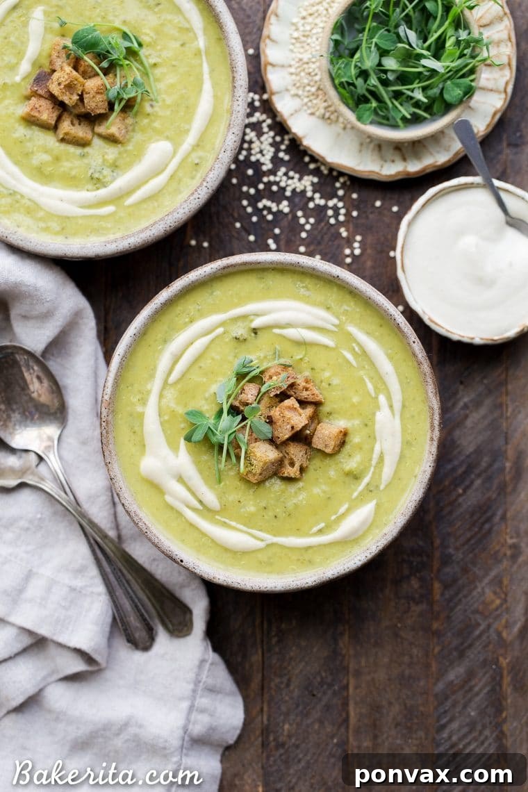 Vibrant Baby Greens with Roasted Garlic Basil Dressing 7 Creamy Broccoli Quinoa Soup, a healthy and filling vegan meal thickened with cashews.