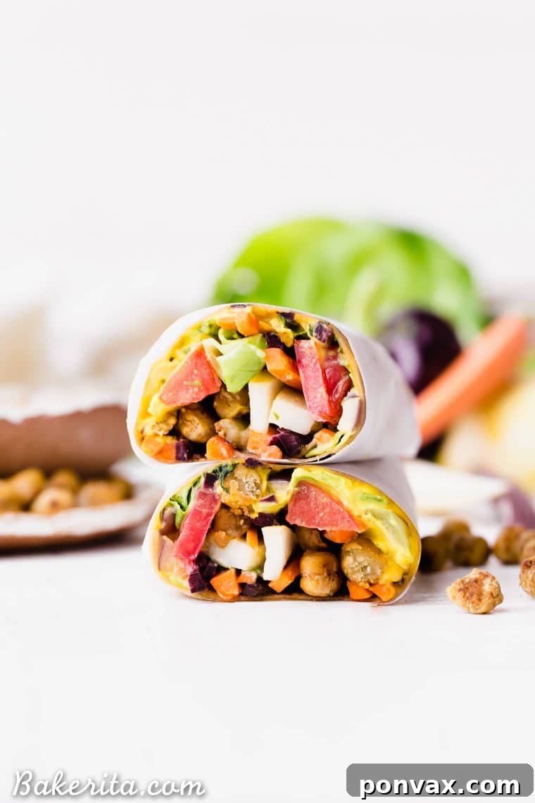 Vibrant Baby Greens with Roasted Garlic Basil Dressing 9 Roasted Chickpea Veggie Wraps, a delicious gluten-free and vegan lunch or dinner with Turmeric Hummus and Tahini Dressing.