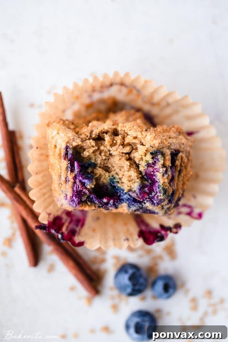A single vegan blueberry muffin, halved to reveal the juicy blueberries within, beautifully garnished with cinnamon sticks and fresh blueberries on a white background.