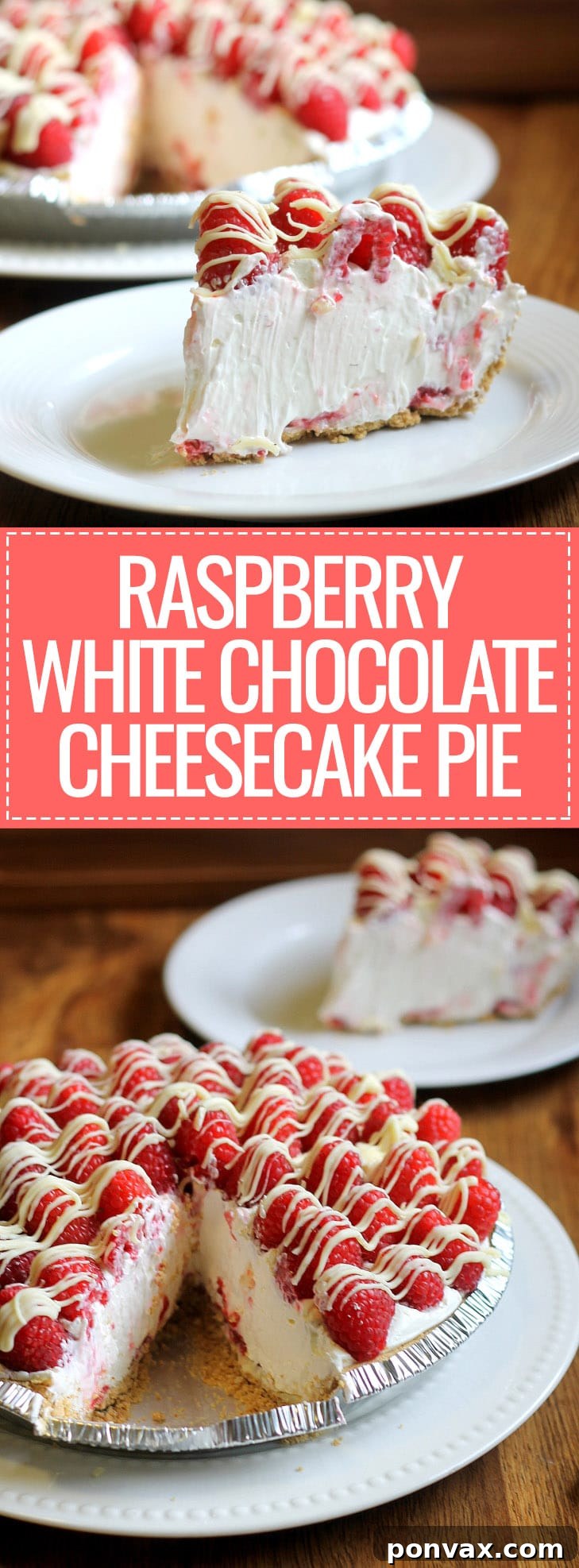 A vibrant, fresh no-bake raspberry white chocolate cheesecake pie, showcasing juicy raspberries and a smooth white chocolate topping.