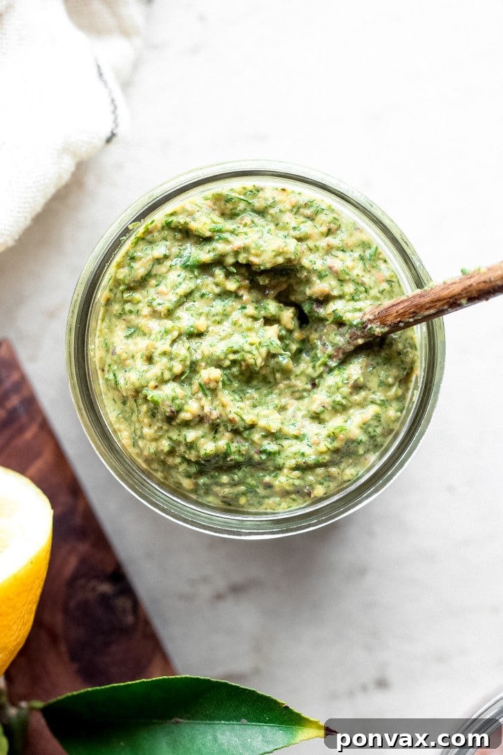 Bowl of vegan fennel frond pesto ready to be served