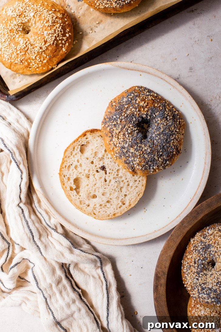 Close-up of a gluten-free sourdough bagel, showing its perfectly chewy exterior and golden crust.