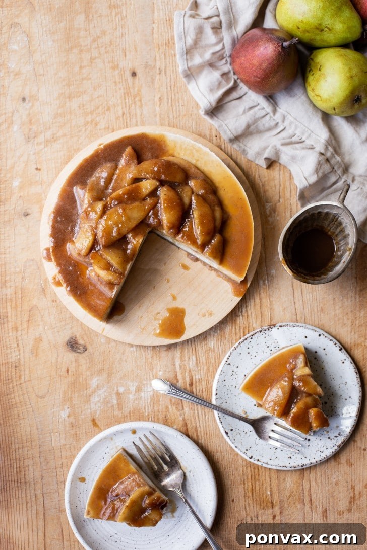 Sliced Anjou pears simmering in a pan with coconut sugar, transforming into a rich caramelized topping.