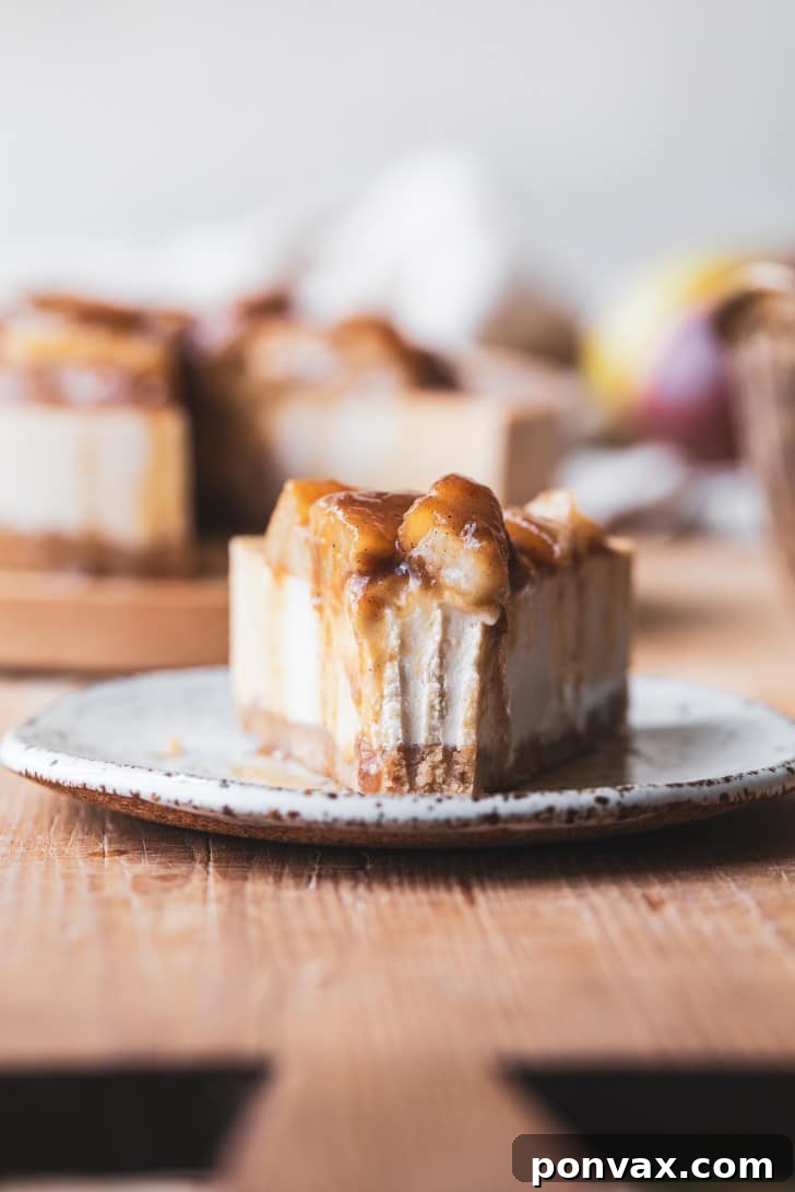 A glorious whole No-Bake Vegan Pear Cheesecake with several slices cut out, showcasing its layers and texture.