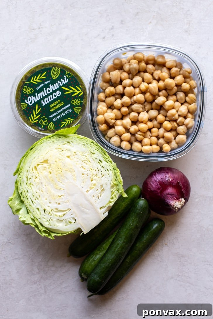 Vibrant Five Ingredient Chimichurri Chickpea Salad 3 Individual ingredients for the Chickpea Chimichurri Salad including a container of chimichurri sauce, a bowl of cooked chickpeas, chopped cabbage, Persian cucumbers, and a red onion.
