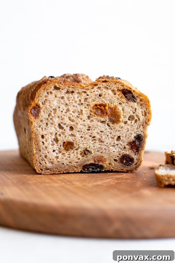 A close-up of the interior of a slice of Gluten-Free Cinnamon Raisin Bread, showing the fluffy crumb and raisins.