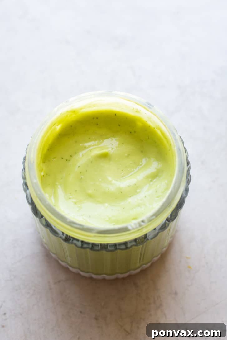 Luscious Plant-Based Avocado Ranch 4 Close-up of creamy Vegan Avocado Ranch Dressing in a bowl