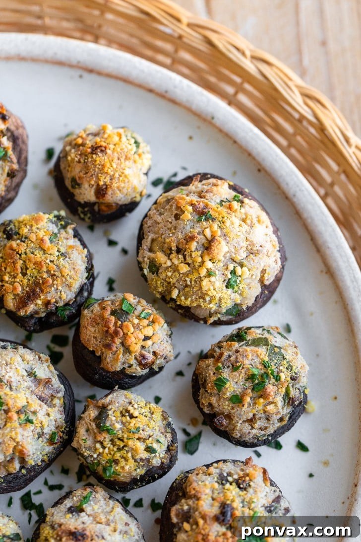 Savory Vegan Mushroom Bites 5 A close-up of a single vegan stuffed mushroom, perfectly baked with a golden crust and fresh parsley garnish.