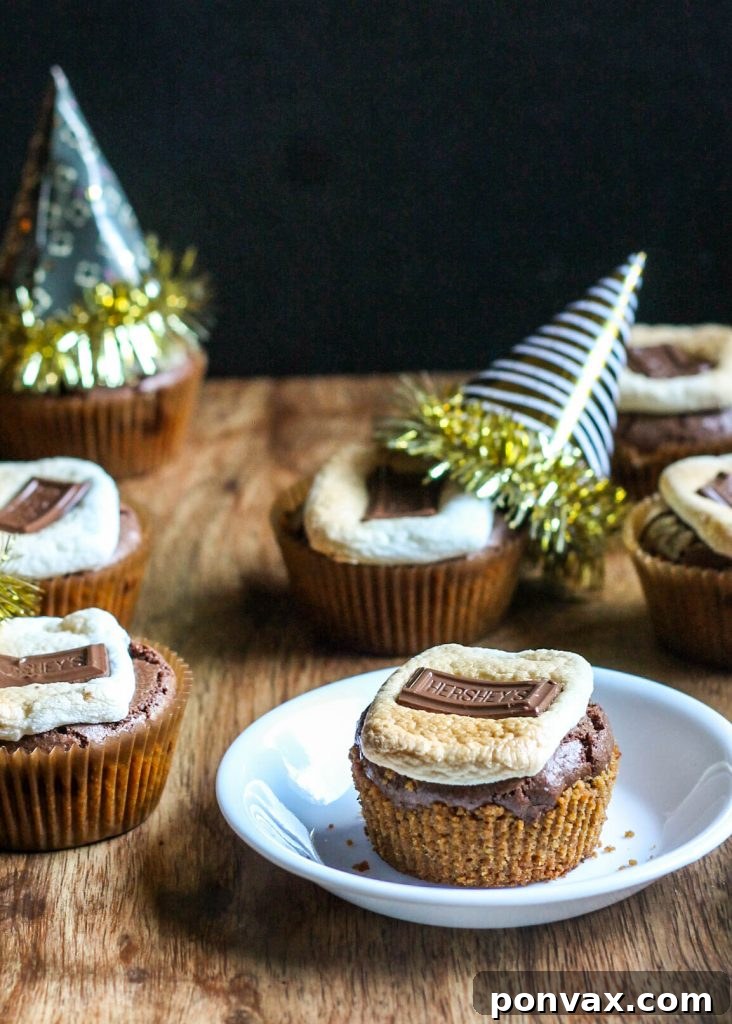 A top-down view of a single S'mores Brownie Cup, highlighting the melted chocolate and golden marshmallow