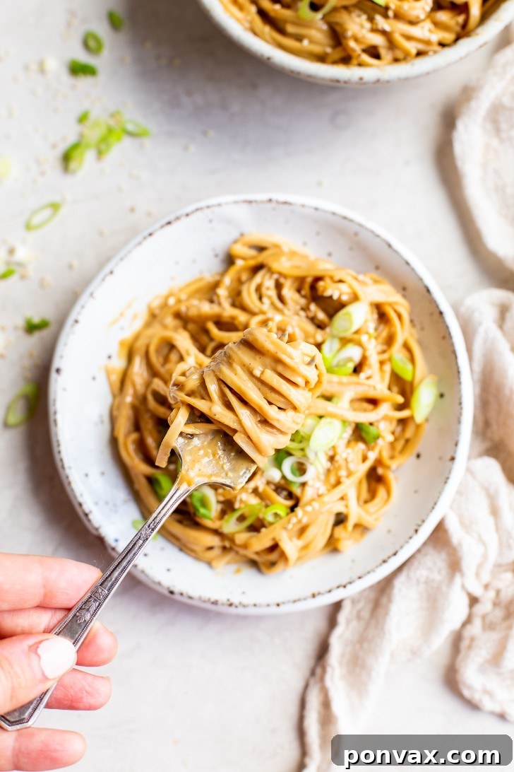 Velvety Peanut Noodles in 5 Minutes 12 A beautifully plated bowl of creamy peanut noodles, garnished with fresh green onions and sesame seeds, ready to eat.