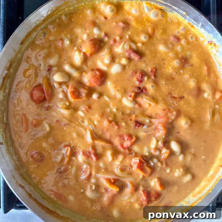 Velvety Tomato and Cannellini Stew 11 Stew thickening on the stove, showing texture.
