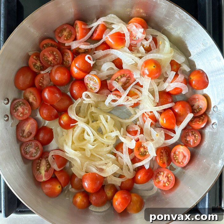 Velvety Tomato and Cannellini Stew 6 Onion slicing for creamy tomato white bean stew.